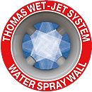 THOMAS WET-JET dust suppression technology symbol THOMAS WET-JET dust suppression technology symbol, crossed water jets (water wall) in a red circle